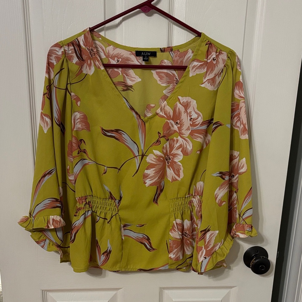 AUW Chartreuse Floral V-Neck Smocked Waist Blouse